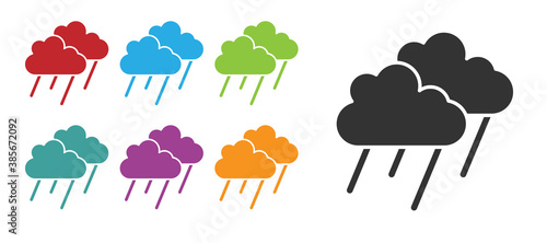 Black Cloud with rain icon isolated on white background. Rain cloud precipitation with rain drops. Set icons colorful. Vector.