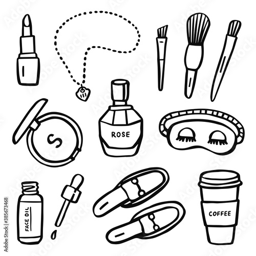 Woman's morning beauty routine attributes. Hand drawn black ink vector set. Doodle style.