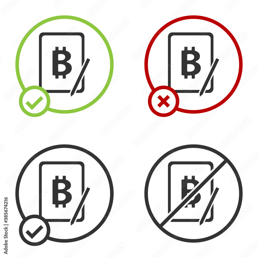 Black Mining bitcoin from graphic tablet icon isolated on white background. Cryptocurrency mining, blockchain technology service. Circle button. Vector.
