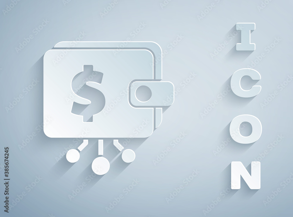 Paper cut Cryptocurrency wallet icon isolated on grey background. Wallet and bitcoin sign. Mining concept. Money, payment, cash, pay icon. Paper art style. Vector. Paper cut Cryptocurrency wallet icon isolated on grey background. Wallet and bitcoin sign. Mining concept. Money, payment, cash, pay icon. Paper art style. Vector.