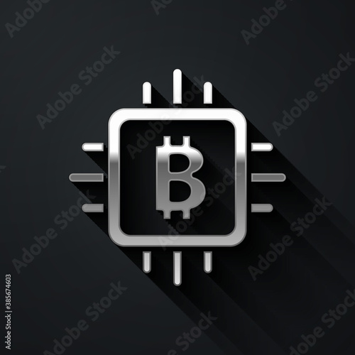 Silver CPU mining farm icon isolated on black background. Bitcoin sign inside processor. Cryptocurrency mining community. Digital money. Long shadow style. Vector.