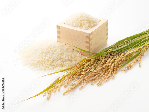 Fotografie White rice, Masu and ears of rice on a white background