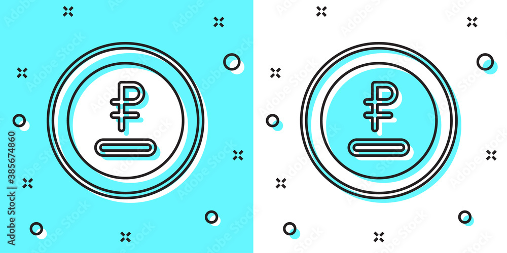 Black line Rouble, ruble currency coin icon isolated on green and white background. Russian symbol. Random dynamic shapes. Vector. Black line Rouble, ruble currency coin icon isolated on green and white background. Russian symbol. Random dynamic shapes. Vector.