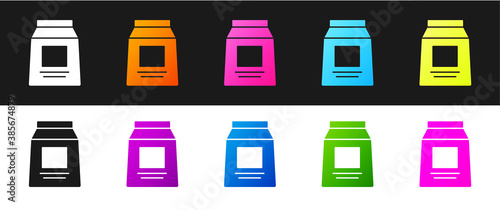 Set Sports nutrition bodybuilding proteine power drink and food icon isolated on black and white background. Vector.