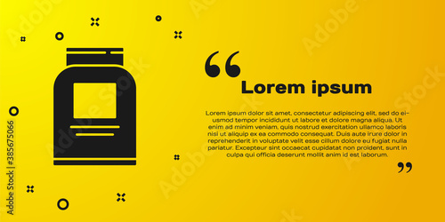Black Sports nutrition bodybuilding proteine power drink and food icon isolated on yellow background. Vector.