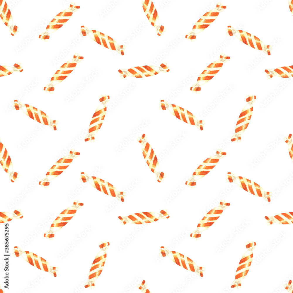Watercolor seamless pattern with candies illustration isolated on white background. Halloween candy, Christmas sweets