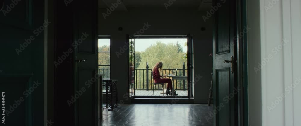 30s Caucasian female working from home, using laptop on a terrace of her house, pet dog lying nearby. Working during coronavirus COVID-19 pandemic 30s Caucasian female working from home, using laptop on a terrace of her house, pet dog lying nearby. Working during coronavirus COVID-19 pandemic