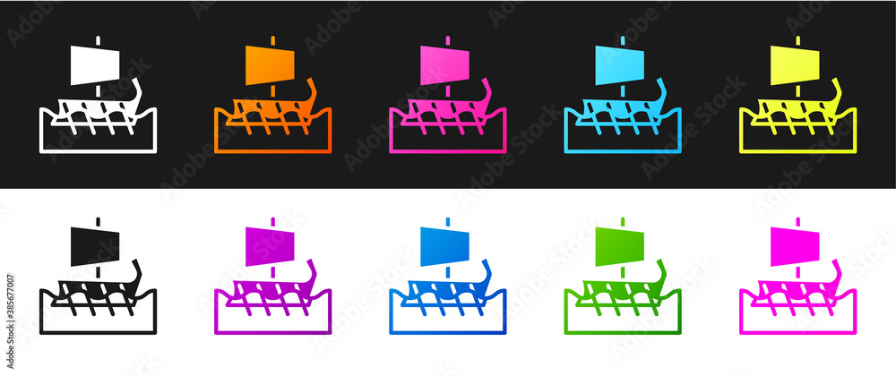 Set Ancient Greek trireme icon isolated on black and white background. Vector.