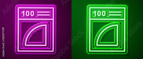 Glowing neon line Coffee paper filter icon isolated on purple and green background. Vector Illustration.