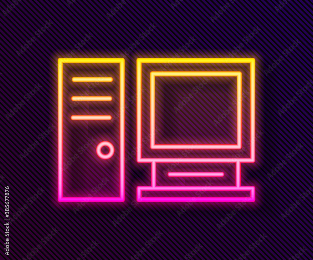 Glowing neon line Computer monitor icon isolated on black background. PC component sign. Vector Illustration. Glowing neon line Computer monitor icon isolated on black background. PC component sign. Vector Illustration.