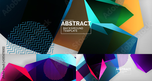 Set of low poly 3d shapes geometric abstract backgrounds. Polygonal designs. Vector illustrations for covers, banners, flyers and posters and other