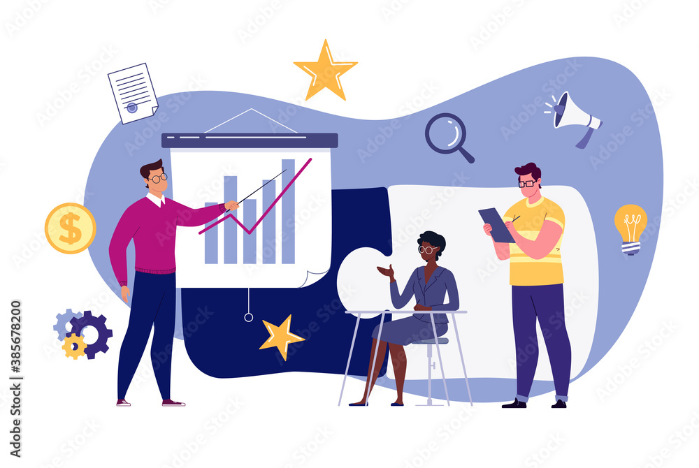 Obraz premium Business team metaphor. The concept of building a business system, solving problems, brainstorming, recruiting, teamwork, collaboration. Vector illustration in flat cartoon style.