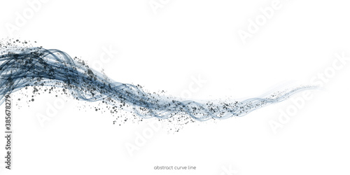 Abstract blue wave curve transparent lines with black spots splash paint isolated on white background.
