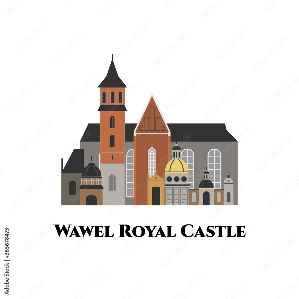 The Wawel Royal Castle in central Kraków, Poland. The first UNESCO World Heritage Site in the world. Historical building landmark a must if you visit Kracow. Flat vector illustration - obrazy, fototapety, plakaty 