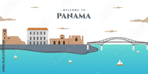 Aerial view landscape of the modern skyline of Panama City. Panama with famous landmark color buildings. Great place for tourist vacation. Business travel and tourism concept. Vector illustration.