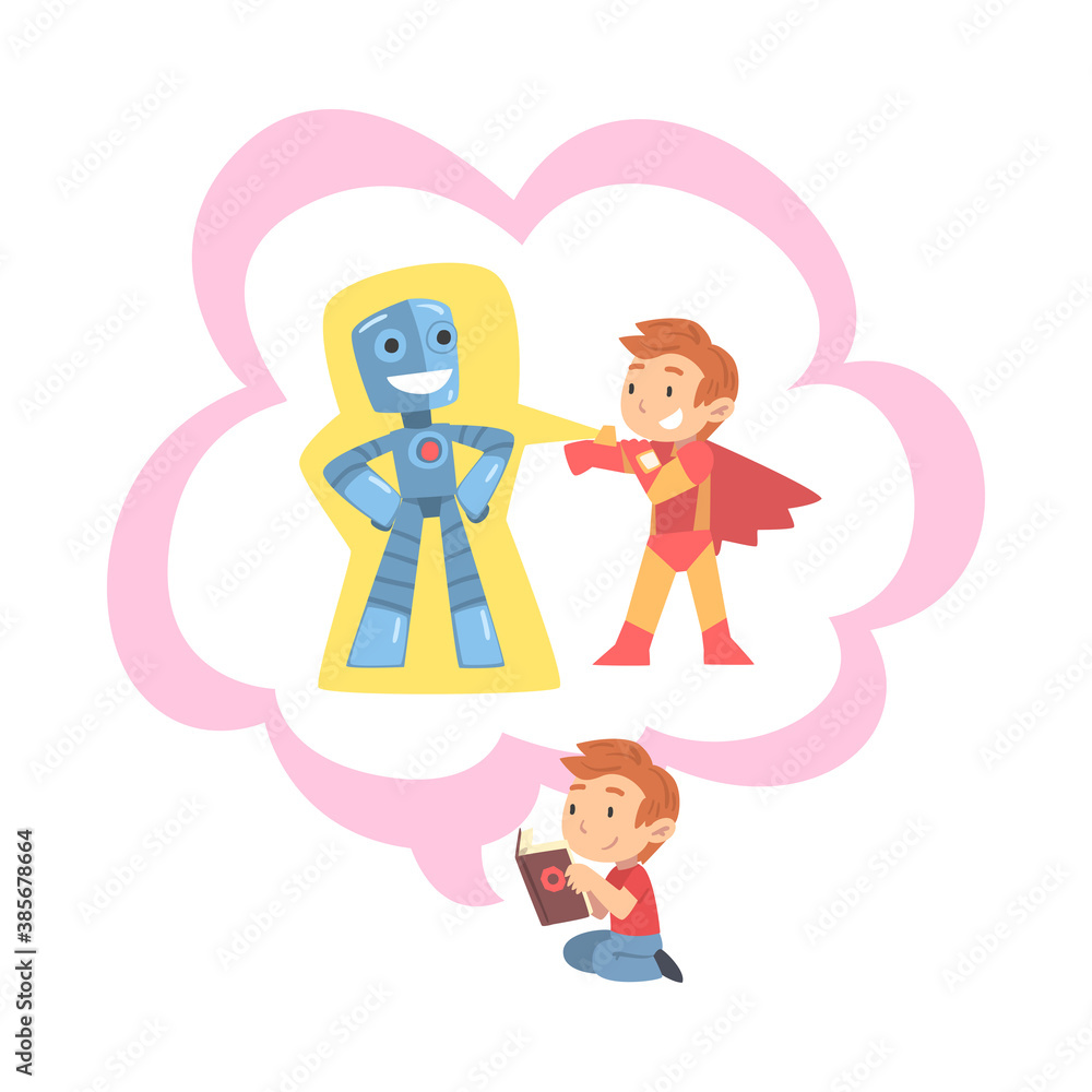 Boy Reading Fairy Tail Fantasy Book about Brave Superhero, Kids Imagination Concept, Fairy Tales, Stories, Discoveries Cartoon Style Vector Illustration Boy Reading Fairy Tail Fantasy Book about Brave Superhero, Kids Imagination Concept, Fairy Tales, Stories, Discoveries Cartoon Style Vector Illustration
