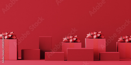 Minimal product background for Christmas, New year and sale event concept. Red gift box with red ribbon bow on red background. 3d render illustration. Clipping path of each element included.