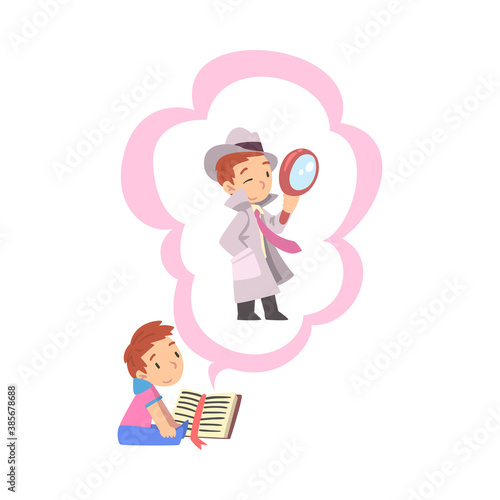 Boy Reading Book about Detective with Magnifying Glass, Kids Imagination Concept, Fairy Tales, Stories, Discoveries Cartoon Style Vector Illustration