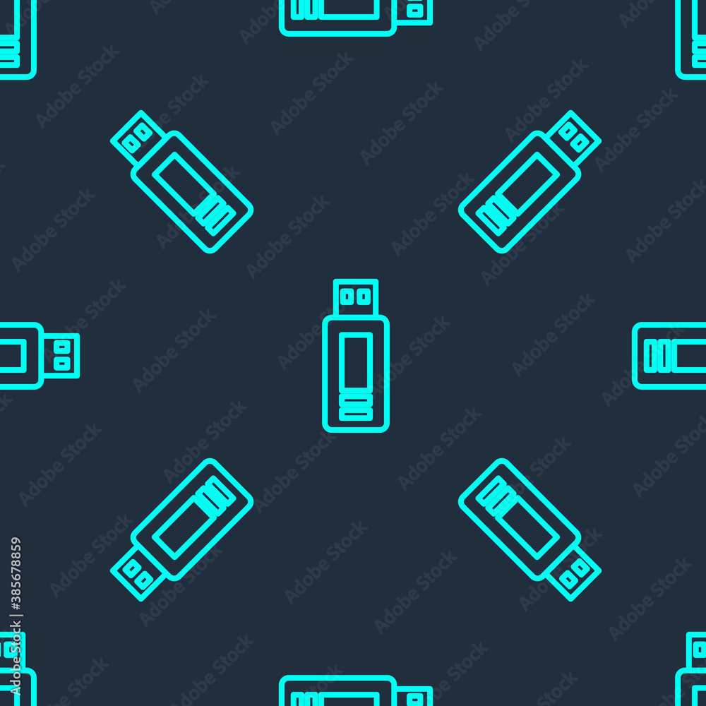 Green line USB flash drive icon isolated seamless pattern on blue background. Vector. Green line USB flash drive icon isolated seamless pattern on blue background. Vector.