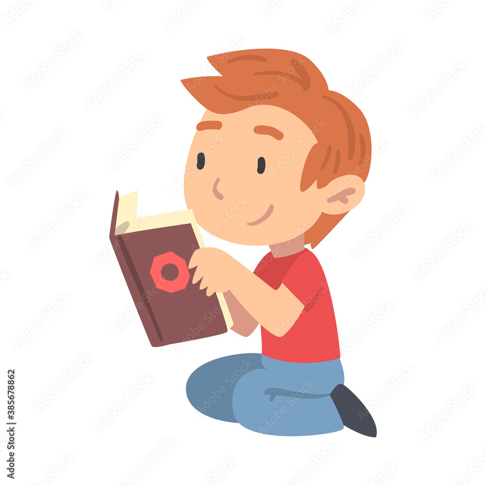Curious Boy Reading Book, Young Fan of Literature, Fairy Tales, Stories, Discoveries Cartoon Style Vector Illustration