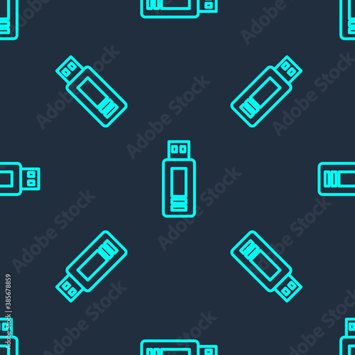 Green line USB flash drive icon isolated seamless pattern on blue background. Vector.