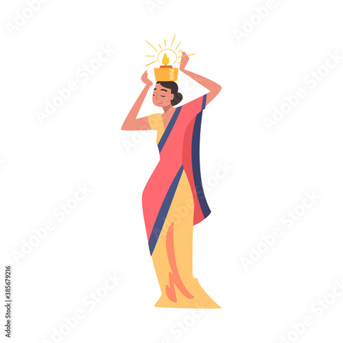 Indian Young Woman in Traditional Clothes with Candle on her Head, People Celebrating Diwali Hindu Holiday Light Festival Cartoon Style Vector Illustration