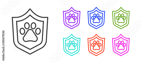 Black line Animal health insurance icon isolated on white background. Pet protection concept. Dog or cat paw print. Set icons colorful. Vector.