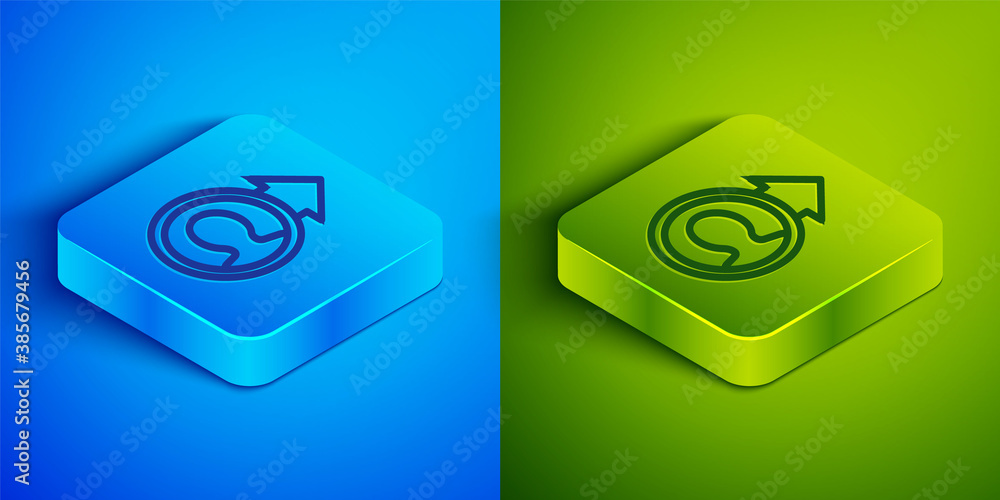 Isometric line Create account screen icon isolated on blue and green background. Square button. Vector. Isometric line Create account screen icon isolated on blue and green background. Square button. Vector.