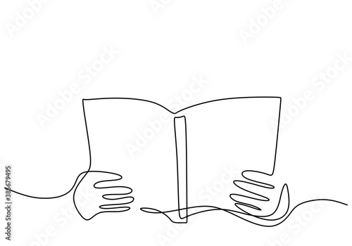 Continuous one line drawing of hand holding a book. People's hand holding open book with blank pages mockup first person view isolated image hand-drawn outline on white background. Minimalism style