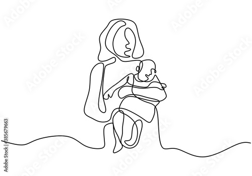 Continuous one line drawing of a woman hold her baby. Happy Mother day card. Young beautiful mother hugs her child showing her love isolated on white background. Vector illustration