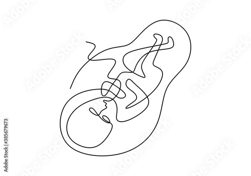 Baby in womb one single line drawing. Cute unborn fetus baby on mother womb isolated on white background. Pregnancy health care concept. Minimalism style. Vector sketch illustration