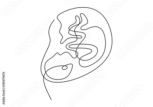 Baby in womb one single line drawing. Cute unborn fetus baby on mother womb isolated on white background. Pregnancy health care concept. Minimalism style. Vector sketch illustration