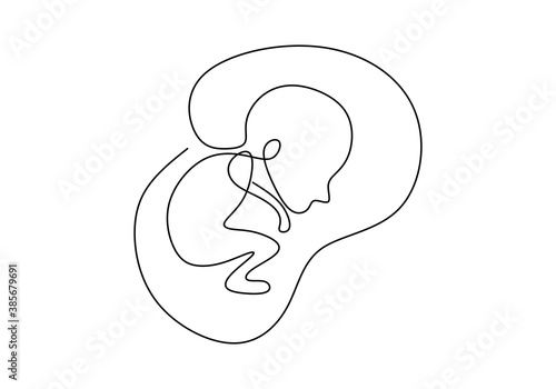 Baby in womb one single line drawing. Cute unborn fetus baby on mother womb isolated on white background. Pregnancy health care concept. Minimalism style. Vector sketch illustration