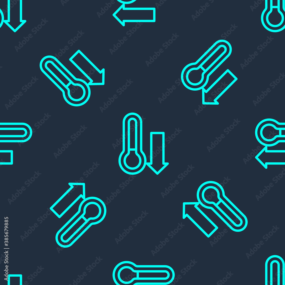 Green line Meteorology thermometer measuring icon isolated seamless pattern on blue background. Thermometer equipment showing hot or cold weather. Vector. Green line Meteorology thermometer measuring icon isolated seamless pattern on blue background. Thermometer equipment showing hot or cold weather. Vector.