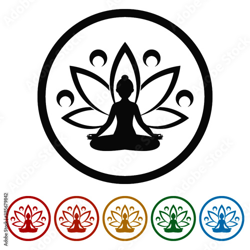 Women sitting meditation pose ring icon, color set