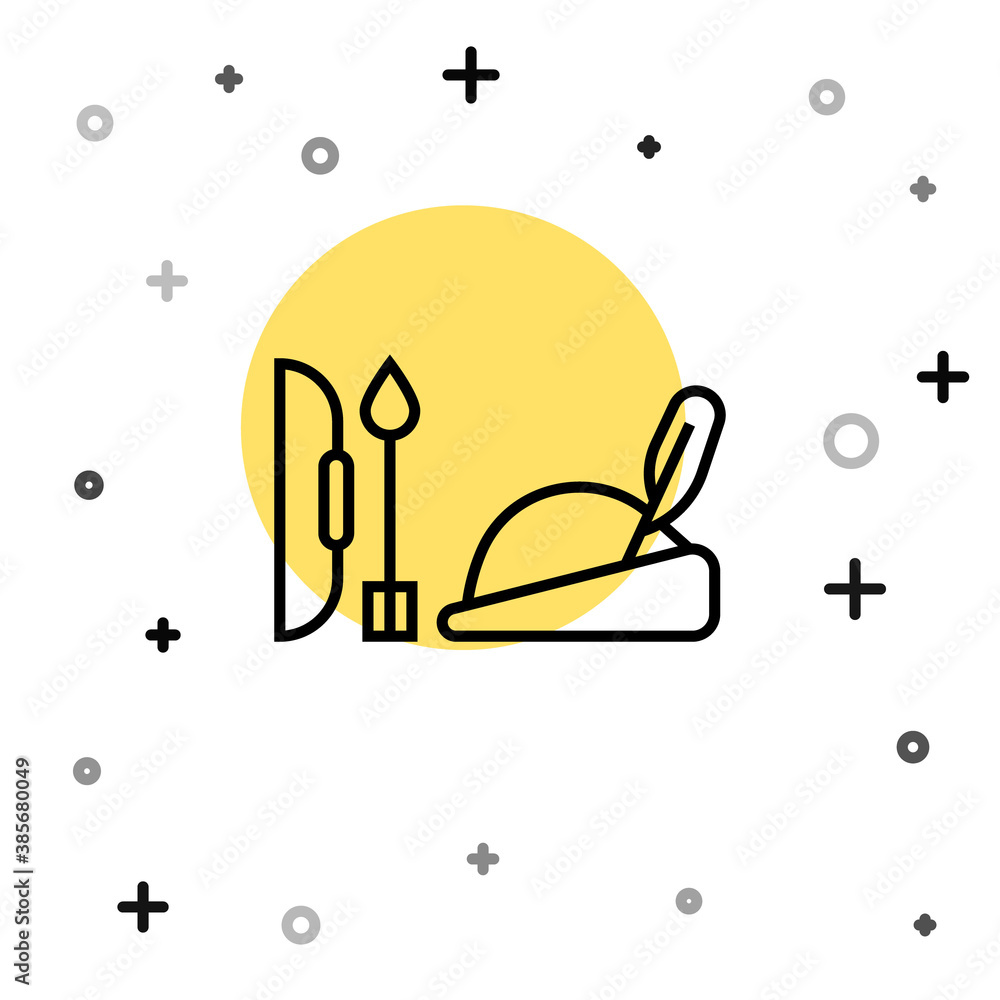 Black line Robin hood hat with feather, bow and arrow icon isolated on white background. Random dynamic shapes. Vector. Black line Robin hood hat with feather, bow and arrow icon isolated on white background. Random dynamic shapes. Vector.