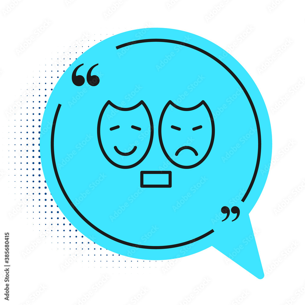 Black line Comedy and tragedy theatrical masks icon isolated on white background. Blue speech bubble symbol. Vector. Black line Comedy and tragedy theatrical masks icon isolated on white background. Blue speech bubble symbol. Vector.