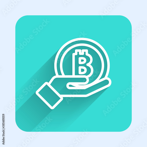 White line Hand holding Bitcoin icon isolated with long shadow. Blockchain technology, digital money market, cryptocoin wallet. Green square button. Vector.