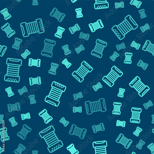 Green line Musical instrument accordion icon isolated seamless pattern on blue background. Classical bayan, harmonic. Vector.