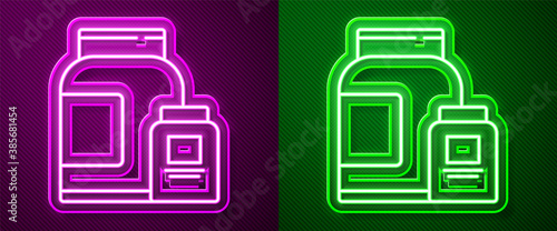 Glowing neon line Sports nutrition bodybuilding proteine power drink and food icon isolated on purple and green background. Vector.