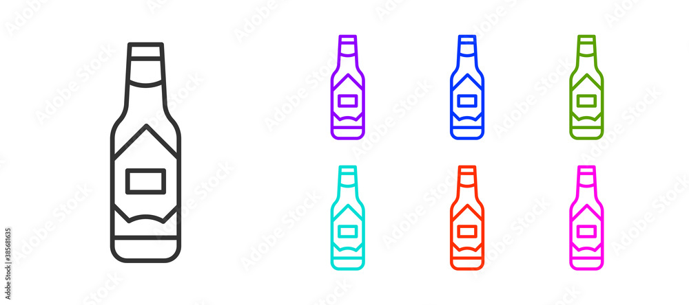Black line Tabasco sauce icon isolated on white background. Chili cayenne spicy pepper sauce. Set icons colorful. Vector. Black line Tabasco sauce icon isolated on white background. Chili cayenne spicy pepper sauce. Set icons colorful. Vector.