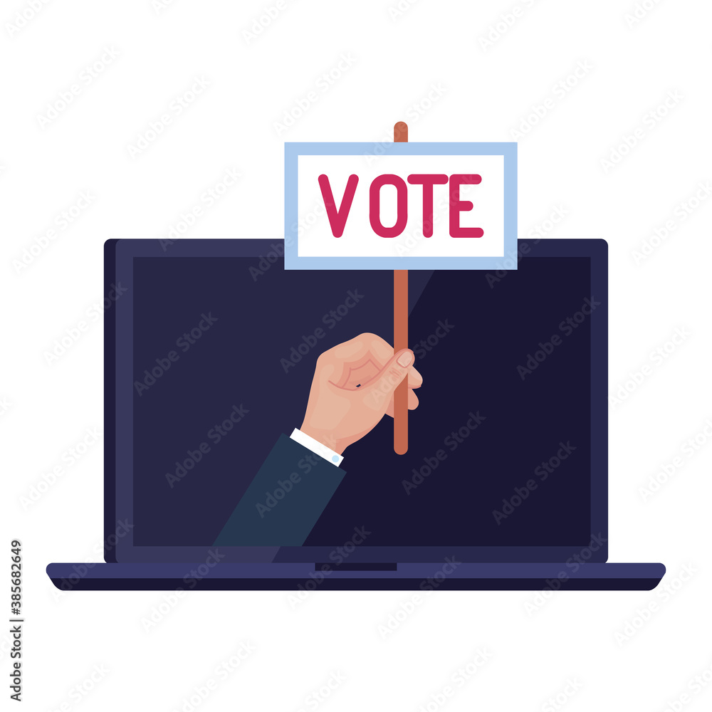 hand holding vote banner on laptop design, President election government and campaign theme Vector illustration hand holding vote banner on laptop design, President election government and campaign theme Vector illustration