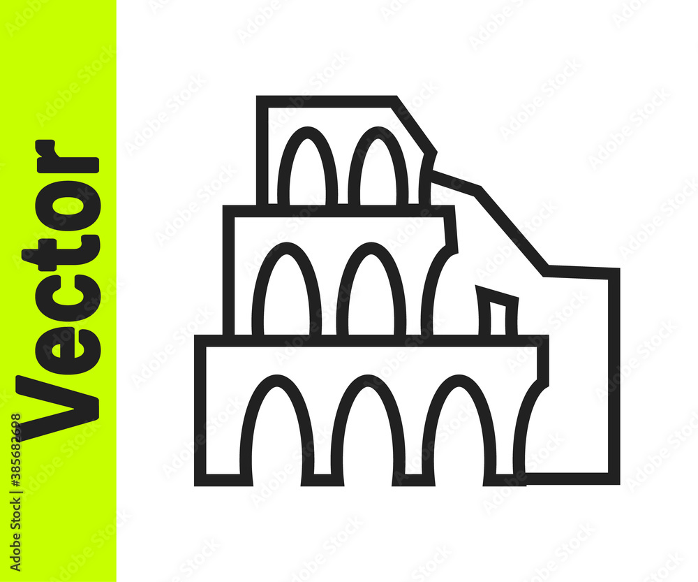 Black line Coliseum in Rome, Italy icon isolated on white background. Colosseum sign. Symbol of Ancient Rome, gladiator fights. Vector.