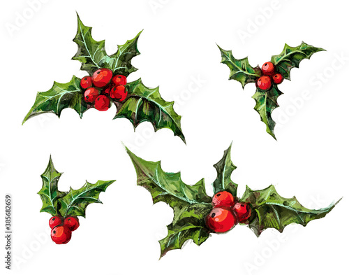 Set of Christmas decorative elements - holly berry branches with leaves and berries. Botanical watercolor illustration of winter plants isolated on white background. Vintage Xmas home decor.