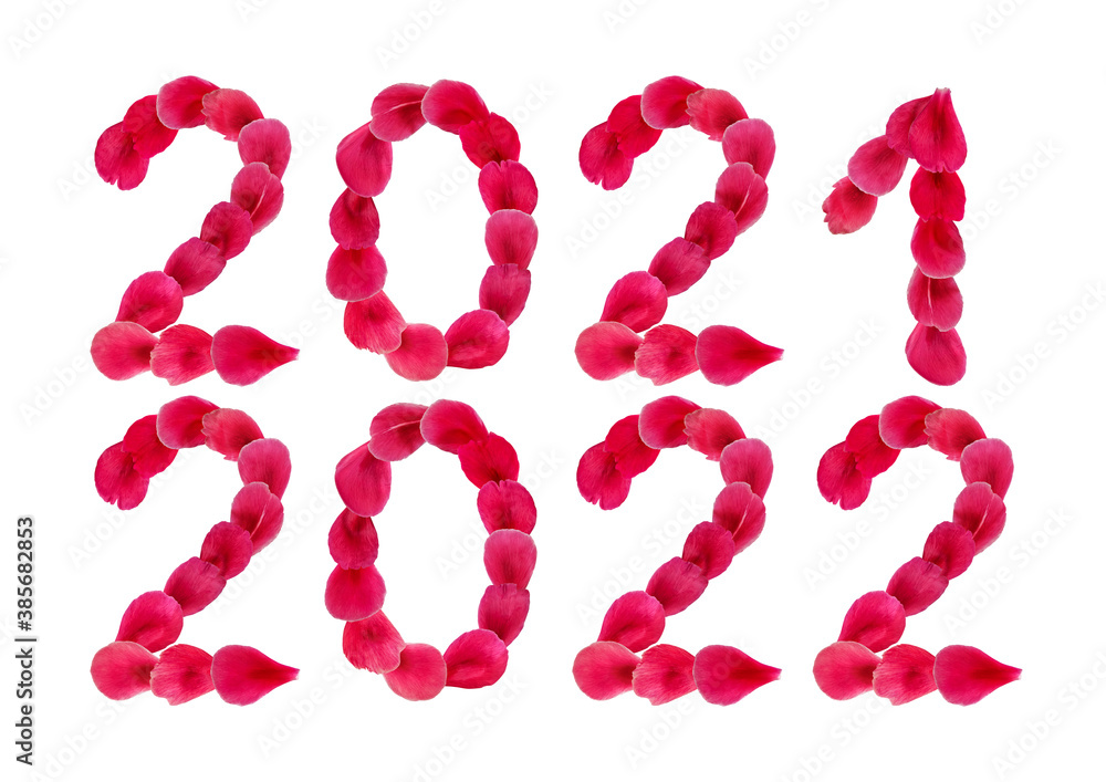 Decorative floral cliparts 2021 and 2022 isolated on white background. Set of natural pink - red design elements for the calendar. Numbers made of flower petals Decorative floral cliparts 2021 and 2022 isolated on white background. Set of natural pink - red design elements for the calendar. Numbers made of flower petals