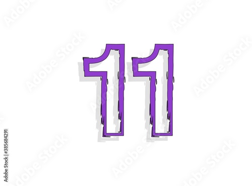 11 font purple number, hand drawn brush stroke. Modern, cartoon calligraphic design. For design element, logo, creative poster etc. Vector illustration