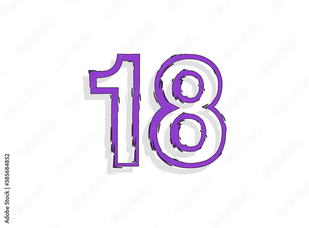 18 font purple number, hand drawn brush stroke. Modern, cartoon calligraphic design. For design element, logo, creative poster etc. Vector illustration 18 font purple number, hand drawn brush stroke. Modern, cartoon calligraphic design. For design element, logo, creative poster etc. Vector illustration
