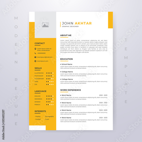 Editable Modern Resume Minimalist Yellow Premium Template