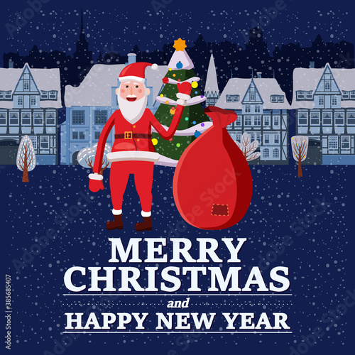Merry Christmas and Happy New Year holiday Santa Claus carrying sack full of gifts, background night city. Vector illustration