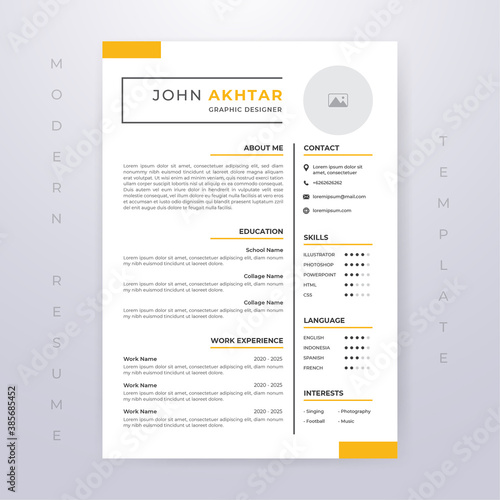Editable Modern Resume Minimalist Yellow Premium Template